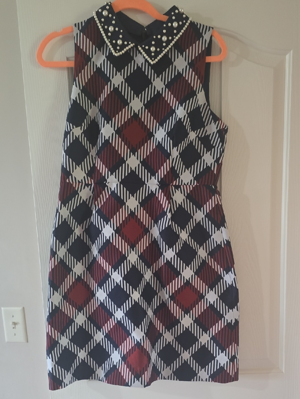 Pearl Collar Plaid Shift Dress in Black, White & Burgundy